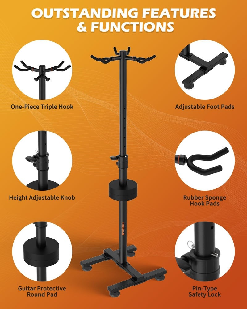 STRICH Guitar Stands Floor, 3 Adjustable Guitar Stand Holder, Heavy Duty 3 Guitar Stand for Acoustic Electric Guitars Bass Banjos, Folding Multi Guitar Stands 3-Holder, FH-S3 Black - Image 3